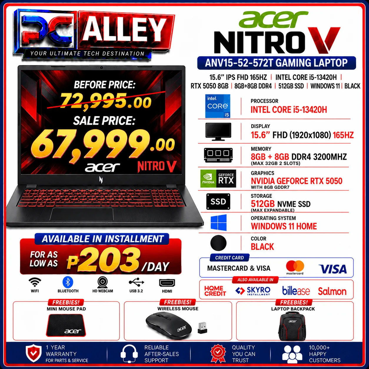 ACER NITRO V ANV15-52-572T LAPTOP INTEL CORE I5-13420H